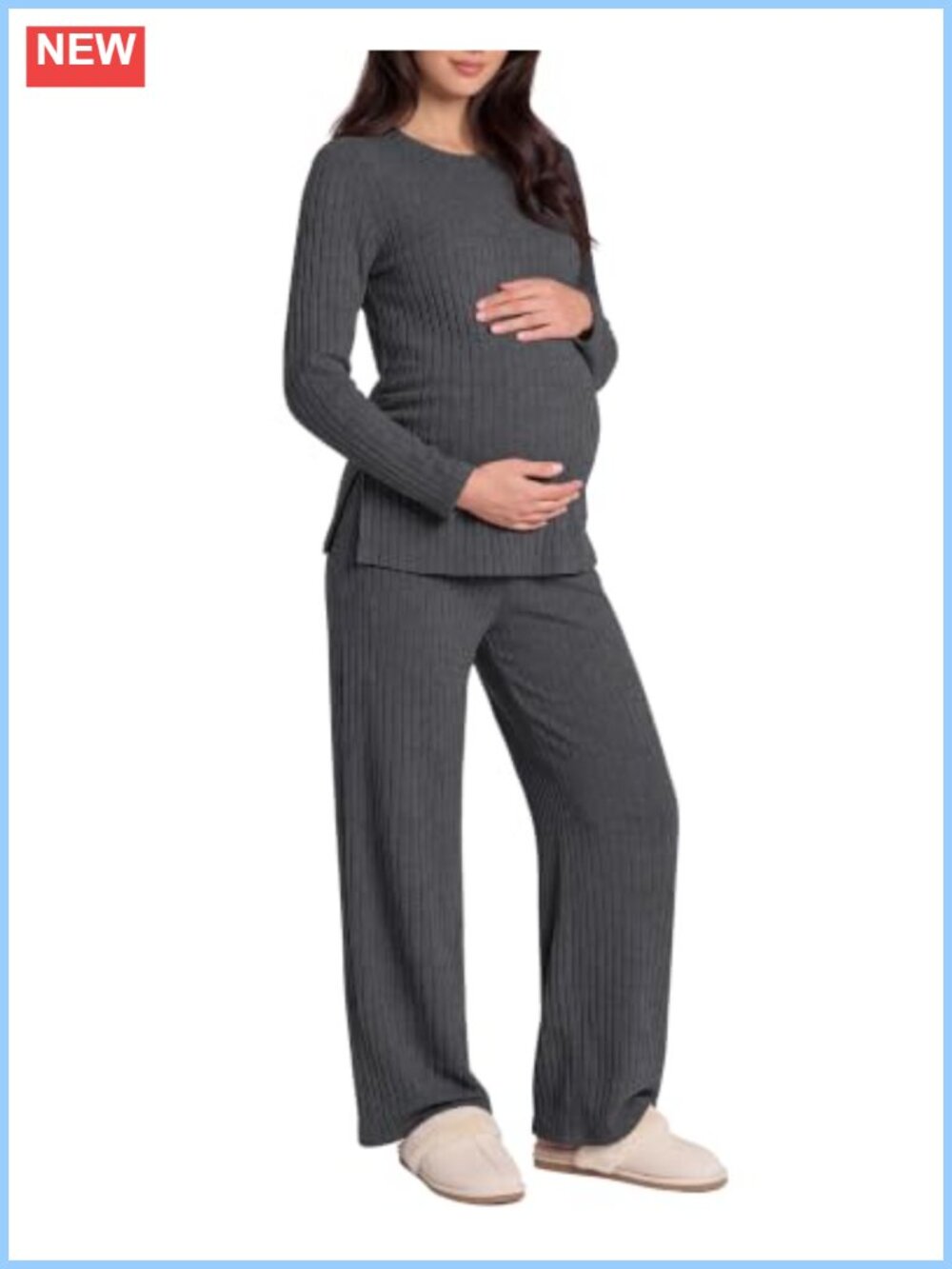 Maternity 2 Piece Ribbed Knit Lounge Set Long Sleeve Ruched Waist Side Slits